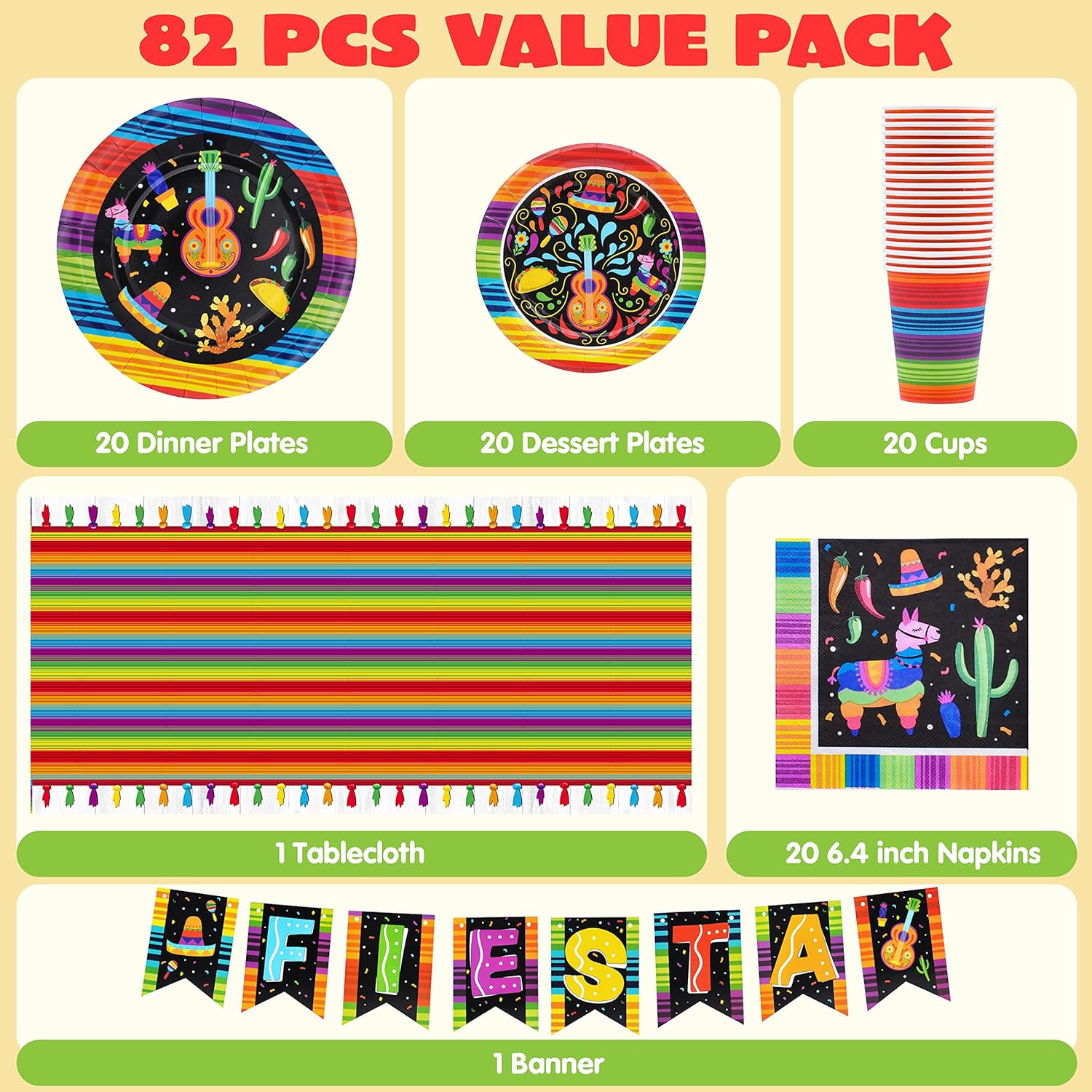Fiesta Tableware Set, Party Supplies Packs for Cinco De Mayo, Party Decoration Supplies, Table Decorations -82PCS Fiesta Tableware Set, Party Supplies Packs for Cinco De Mayo, Party Decoration Supplies, Table Decorations -82PCS